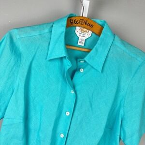 VTG Talbots Petites Aqua Irish Linen Shirt Top Womens 14P Teal Aqua Button Up